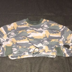Camo crop drawstring sweater.  French Terry Cotton. Soft and Warm.